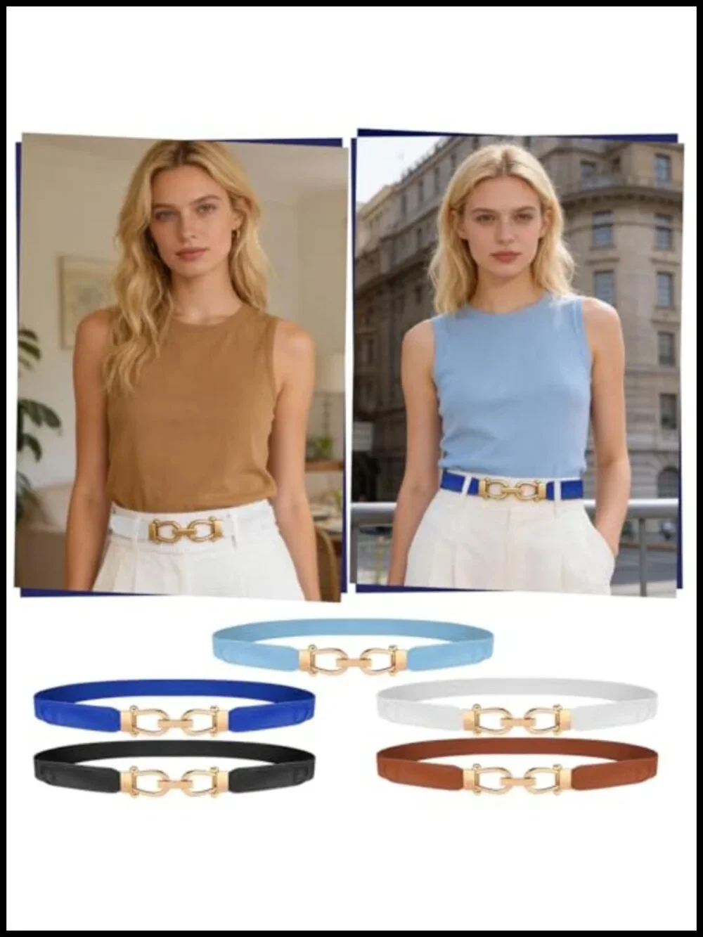 Women Skinny Elastic Belt with Gold Buckle Retro Stretch Waist Belt Set for
